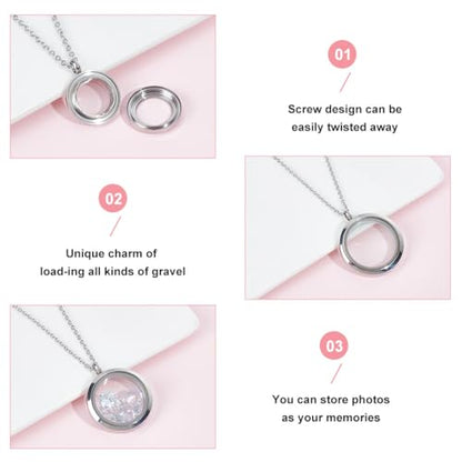 4pcs Photo Locket Charms Necklace Round Stainless Steel Locket Pendants Crystal Double-Sided Picture Frame Memory Locket Charm with 17.7inch Chain for Wedding Jewellery Making Photo - color: Silver A