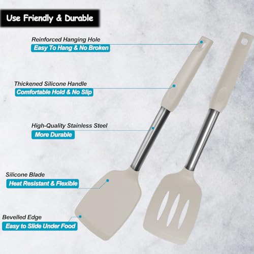 Silicone Spatula and Cooking Spoon,5 Pack Non-Stick Cooking Utensils for Kitchen，Heat Resistant Solid & Slotted Spoons and Spatulas, Stainless Steel Handle Coated with Silicone, Khaki - color: Khaki