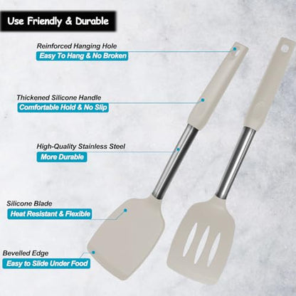 Silicone Spatula and Cooking Spoon,5 Pack Non-Stick Cooking Utensils for Kitchen，Heat Resistant Solid & Slotted Spoons and Spatulas, Stainless Steel Handle Coated with Silicone, Khaki - color: Khaki