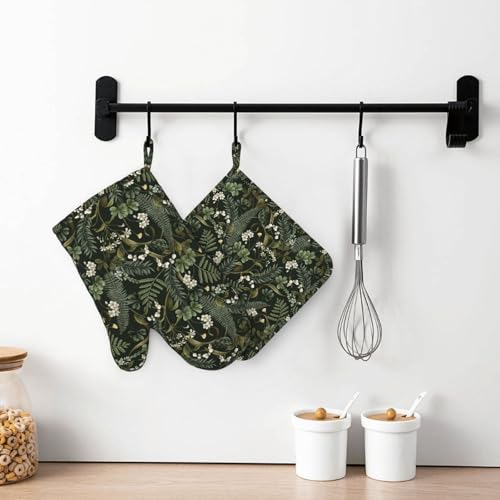 Botanical Oven Mitts and Pot Holders Sets Silicone White Flowers Berries and Leaves Kitchen Oven Mitts Hot Pads Heat Resistant Potholders Kitchen Mitts Set for Baking BBQ Cooking - color: Black White