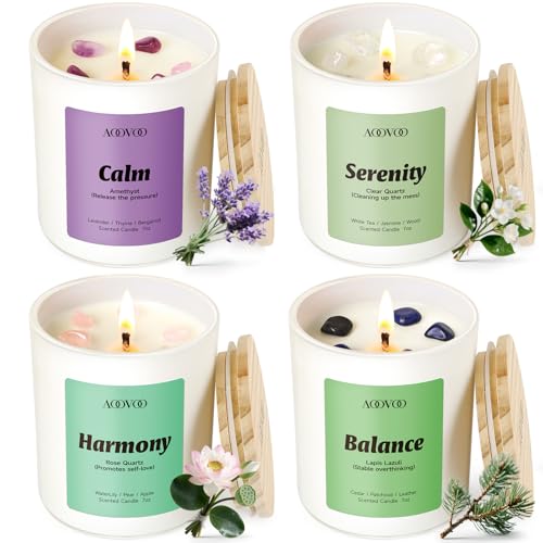 AOOVOO Calm Candles Set for Women - 4 Pack Soy Candles for Home Scented | 28 oz Soy Wax, Aromatherapy Candle with Crystals, Amethyst Calm/Clear Quartz Serenity/Rose Quartz Harmony/Lapis Lazuli Balanc - style: Calm Candles Set