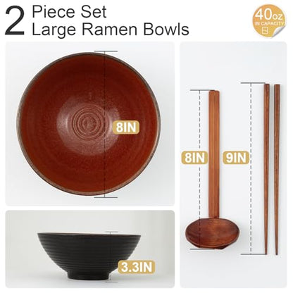 8 Inch Ceramic Ramen Bowl Set of 2, 40oz Japanese Bowls with Spoons & Chopsticks,Durable,Microwave & Dishwasher Safe,Perfect for Ramen,Pho,Salad,Soup,Noodles，Mixing bowls（Carnelian） - color: Carnelian