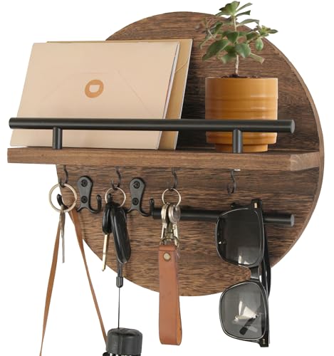 Gurfuy Key Holder for Wall with Shelf - Wood Mail Organizer and Rack with Shelf Hooks Wall Mounted for Entryway Decor Magazines Letter Storage Farmhouse Living Room Bedroom Doorway (Rustic Brown) - color: Rustic Brown