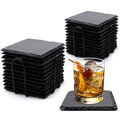 24 PCS Square Slate Drink Coasters Set, SIJDIEE 4 Inch Laser Engraving Black Slate Stone Coasters with Anti-Scratch Bottom and Coaster Holder for Office Bar Kitchen Home Dinner Table Decor Supplies | Natural Slate Stone Coasters, Laser Engraving Blanks, A