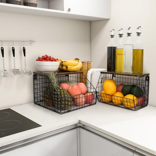 Mefirt Fruit Basket, Stackable Wall Mounted Fruit Baskets, Potato Baskets Onion Storage for Kitchen, Hanging Wire Basket with Wood Lid, 2-Tier Vegetable Organizer Kitchen Countertop Organization | Hanging Potato Basket Wire Basket with Wood Lid, 2-Tier Ve