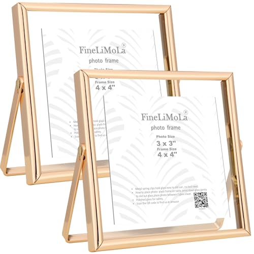 Gold 4x4" Floating Frame 2 Pack for Picture 3x3'',Adjustable Tabletop/Shelf floating Photo Frame 3x3'',Classy Metal Gift Frames for Wedding,Thanksgiving,Christmas,Birthady,Home or Office Decor. - size: 4x4'' (2PK)