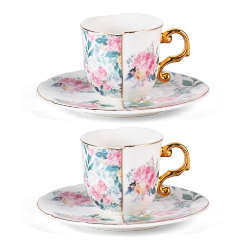 KAMMAK Tea Cups and Saucers Set of 2, 4 oz Porcelain Coffee Cups, YX013 | Stackable Espresso Mugs, Ceramic Demitasse for Coffee, Cappuccino, Latte, Americano, Tea - size: 8CZYX013