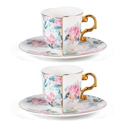 KAMMAK Tea Cups and Saucers Set of 2, 4 oz Porcelain Coffee Cups, YX013 | Stackable Espresso Mugs, Ceramic Demitasse for Coffee, Cappuccino, Latte, Americano, Tea - size: 8CZYX013