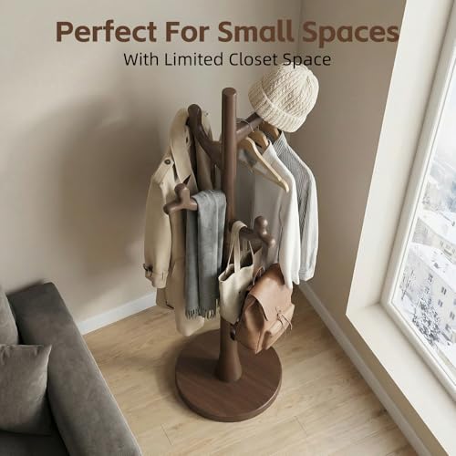 Uniclinens Coat Rack Freestanding Solid Wood Coat Tree Standing with 4 Hooks, Coat Rack Stand Creative Tree Branch-look (Dark Walnut) - color: Dark Walnut, size: Coat Tree