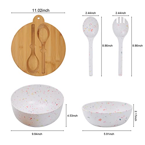 ECOWAY Melamine Salad Bowl, Bamboo Fiber Salad Bowl Large with 4 Small Serving Bowls and Bamboo Lid Cutting Board with Handle and Silicone Seal Ring Perfect for Storage Salad Foods(Spots,9.8 Inches) - color: Multicolor with serving bowls