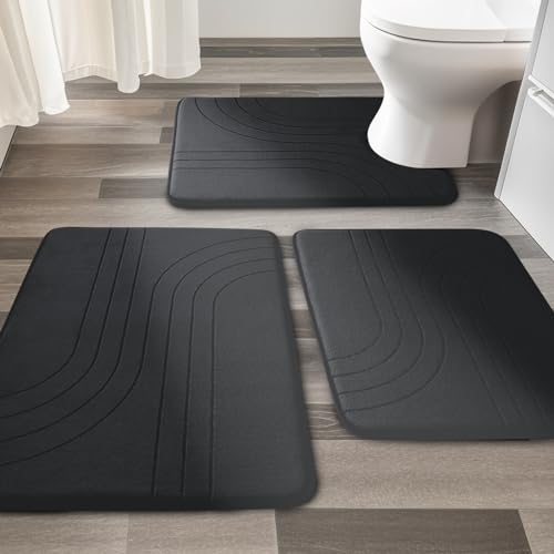 3 Piece Bathroom Rug Set, Soft Non Slip Bathroom Mat Sets 3 piece, Extra Thick Memory Foam Bath Mats for Bath Room, Machine Washable Bath Rug Set for Tub, Toilet and Floor (Black) - color: Black-2, size: 3 pieces