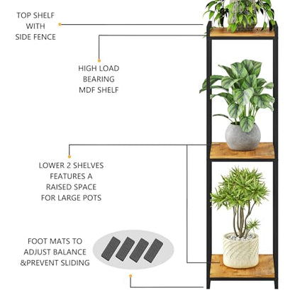 3-Tier Rustic Brown Plant Stand Indoor 45" Tall Metal Wood | Modern Plant Shelf, Corner Flower Pot Holder Organizer for Living Room Balcony Garden