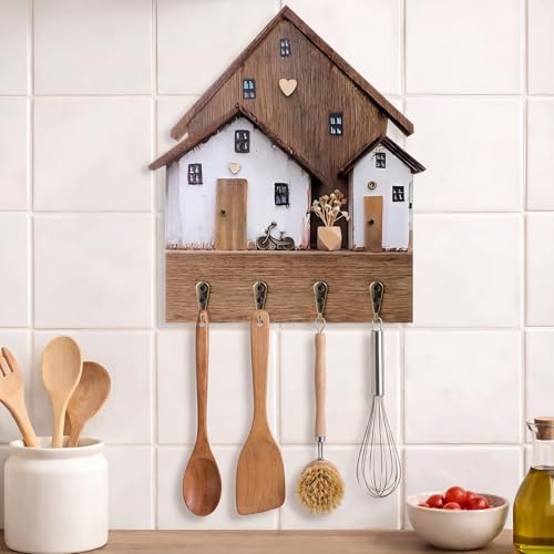Cute Key Holder for Wall, Rustic Key Rack Wall Mount Decorative Wooden Hooks House Shaped Boho Hat Purse Rack with 4 Hooks for Hanging Entryway Front Door Hallway Bedroom
