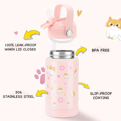 Kerilyn 12oz Kids Water Bottle, Stainless Steel Insulated Water Bottle For Kids, Toddler Cup With Straws Leak-proof, Kids Water Bottles For School Boys Girls, BPA Free, Kitty - color: Kitty