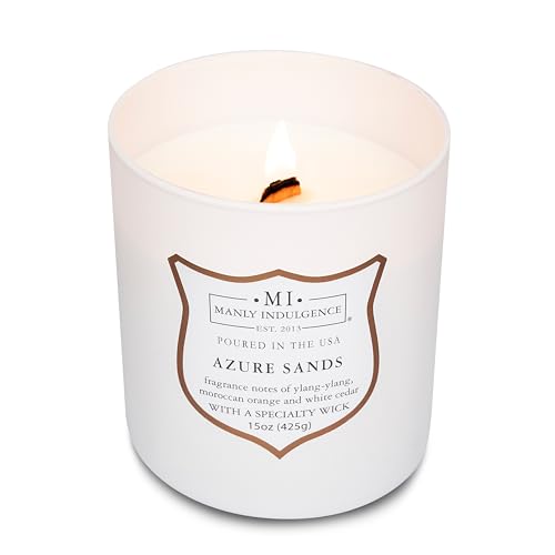 Manly Indulgence Azure Sands Scented Candles for Men, 15 oz Wooden Wick, Premium Soy Blend Wax, 60H Burn, Candles for Home Scented - Made in The USA - color: Azure Sands