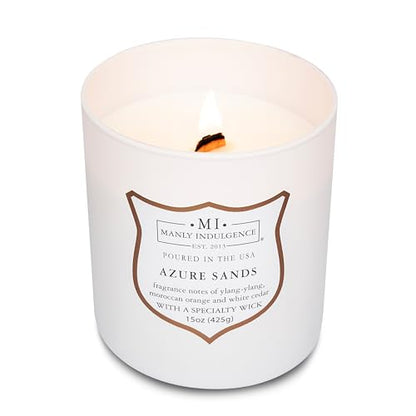 Manly Indulgence Azure Sands Scented Candles for Men, 15 oz Wooden Wick, Premium Soy Blend Wax, 60H Burn, Candles for Home Scented - Made in The USA - color: Azure Sands
