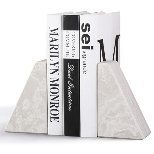 Marble Bookends for Heavy Books, Decorative Book Ends for Shelves, Durable and Heavy-Duty Bookends for Hardback Book & CDS, Off-White Unique Books Stopper & Holder, Set of 2 - color: Travertine Off-white