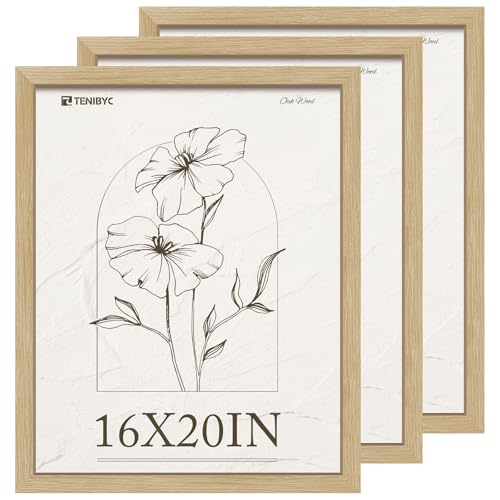 16x20 Frame 3 Pack, Natural Oak Wood Picture Frame with HD Tempered Glass, Display 16x20 or 20x16 photos, posters and Art Prints, Wall Hanging - color: Oak, size: 16 X 20, style: 3 Pack