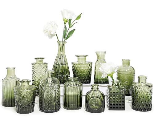 SUPMIND 12pcs Glass Bud Vase Set, Green Small Flower Vases for Centerpieces | Vintage Mini Vase for Wedding, Home Decor, Table Decoration, Baby Shower, Party Decor - color: Green, size: 12Pcs