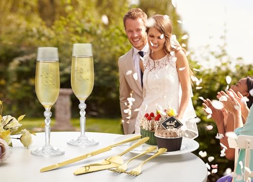Wedding Cake Cutting Set with Forks, Crystal Champagne Flutes | Classical Style Toasting Glasses for Bride and Groom, Wedding Gifts for Couples, Engagement and Bridal Shower Gifts - color: Gold