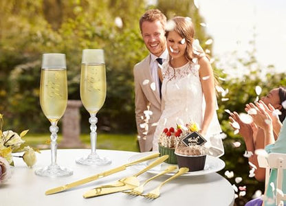 Wedding Cake Cutting Set with Forks, Crystal Champagne Flutes | Classical Style Toasting Glasses for Bride and Groom, Wedding Gifts for Couples, Engagement and Bridal Shower Gifts - color: Gold