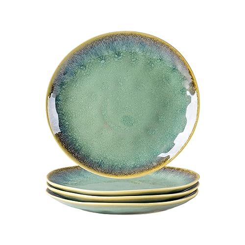 Henten Home Ceramic Dessert Plates, 8.5 Inch Salad Plate Set of 4, Porcelain Snack Serving Dishes for Cake, Kitchen, Microwave & Dishwasher Safe, Reactive Glaze (Green) - color: Green, size: 8.5 inch