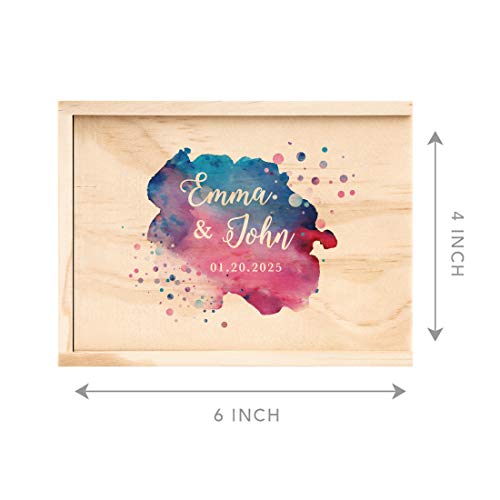 Koyal Wholesale Custom Watercolor Splatter Wedding Keepsake Box, 4 x 6 -inch, Custom Name, Date, Natural Wood - color: Watercolor Splatter