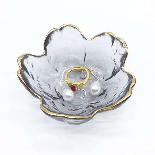 Small Jewelry Dish Tray, Flower Glass Ring Dish Engagement Gifts, Crystal Ring Holder Dish Jewlery Plate, Nightstand Decor Jewelry Tray Trinket Dish, Jewelry Bowl Dish for Rings, Earrings - color: Black