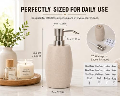 Clasin Home Sandstone Textured Resin Soap Dispenser with Metallic Pump and Waterproof Bottle Labels for Bathroom Kitchen Dish Hand Wash Shower Lotion Shampoo, 12 Oz, Beige - color: Natural Beige