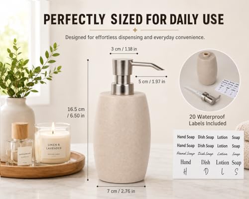 Clasin Home Sandstone Textured Resin Soap Dispenser with Metallic Pump and Waterproof Bottle Labels for Bathroom Kitchen Dish Hand Wash Shower Lotion Shampoo, 12 Oz, 2 Sets Beige - color: Natural Beige_2 Pcs