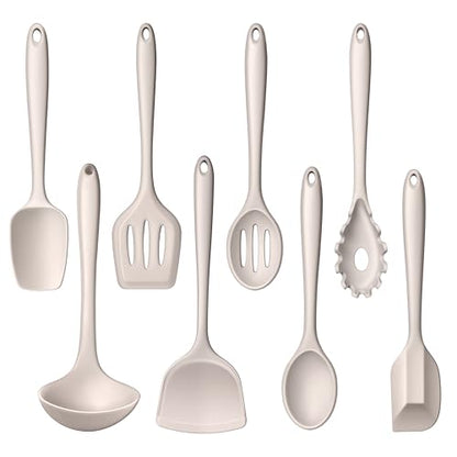 LIANYU Non-Toxic Kitchen Cooking Utensils Set, 8Pcs Khaki Silicone Utensils | Stainless Steel Core, Non-Scratch Spatula Spoon Turner, Heat Resistant & Dishwasher Safe - color: Khaki