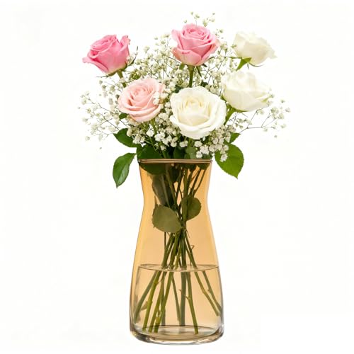 Amber Glass Vase 8 Inch, Round Borosilicate Clear Glass Flower Vase, Modern Boho Style Centerpiece Vase for Home Kitchen Wedding, Housewarming - color: Amber