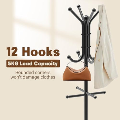 Coat Rack with Umbrella Holder, Coat Rack Freestanding | Metal Coat Tree with 12 Hooks, Coat Hanger Stand for Entryway, Umbrella Coat Rack for Bedroom, Living Room & Office