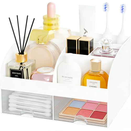 Makeup Organizer with 2 Drawers, Cosmetic Storage for Dresser Vanity and Bathroom Countertop,Make up organization and Skincare Storage with Beauty Brush Holder, Cosmetic Display Case (White) - color: White