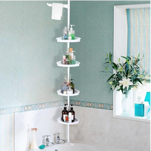4-Tier Corner Shower Caddy Tension Pole with Adjustable Rust-Proof Shelves and Rubber Pad, No-Drill Bathroom Organizer for Bathtub and Shower Storage, Space-Saving White Design - color: White