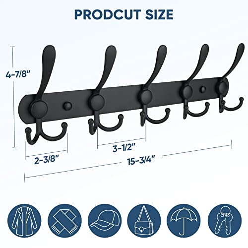 TICONN Wall Mounted Coat Rack, Five Heavy Duty Tri Hooks All Metal Construction for Jacket Coat Hat in Mudroom Entryway (Matte Black, 1-Pack) - color: Matte Black