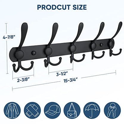 TICONN Wall Mounted Coat Rack, Five Heavy Duty Tri Hooks All Metal Construction for Jacket Coat Hat in Mudroom Entryway (Matte Black, 1-Pack) - color: Matte Black