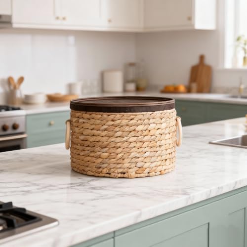 Water Hyacinth Storage Basket with Wood Lid - Handwoven Round Shelf Basket for Organizing, Rustic Woven Basket with Handle (Set of 3) for Living Room,bed room,Closet,Kitchen&Pantry