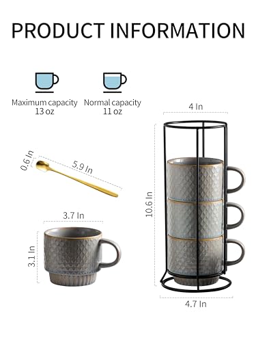 Gomakren Stackable Coffee Mugs Set of 4 Coffee Cups with Stand, Light Gray | 13oz Ceramic Embossed Grid Mugs, Black Metal Storage Rack, Lead-Free Dishwasher Safe, with Gold Spoons for Home Coffee Bar - color: Light Gray