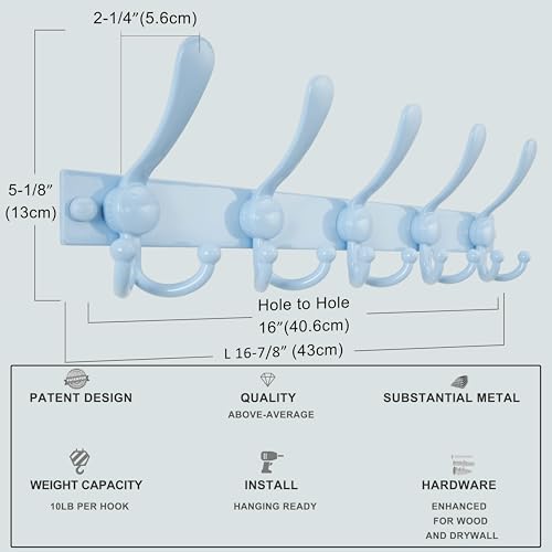 Coat Rack Wall Mount, Heavy Duty 12-Gauge Base vs Flimsy 1mm, Double-Thick Solid Anti-Snap Hooks, 16” Stud-Mount, Stainless Steel Hanger for Clothes Hat Entryway Closet, Blue, Pack of 2 - color: Blue, size: L=17" (2pcs)