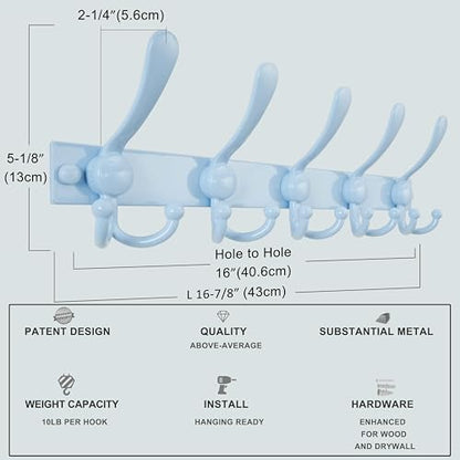 Coat Rack Wall Mount, Heavy Duty 12-Gauge Base vs Flimsy 1mm, Double-Thick Solid Anti-Snap Hooks, 16” Stud-Mount, Stainless Steel Hanger for Clothes Hat Entryway Closet, Blue, Pack of 2 - color: Blue, size: L=17" (2pcs)