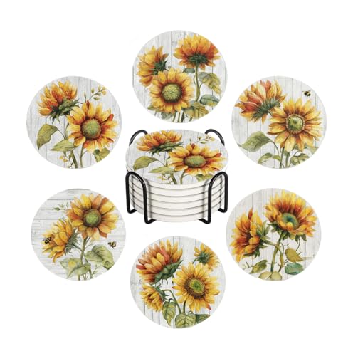 6Pcs Drink Coasters with Holder, Vintage Sunflowers Yellow Flowers Absorbent Ceramic Drink Coaster with Cork Base, Home Bar Table & Office Decor House Warming Gift - color: Sunflowers