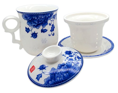 Porcelain Tea Cup with Infuser Lid and Saucer Sets - Chinese Jingdezhen Ceramics Coffee Mug Teacup Loose Leaf Tea Brewing System for Home Office - color: National Beauty Blue and White
