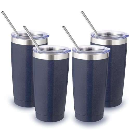 Volhoply 20oz Stainless Steel Tumbler with Lid and Straw Bulk 4 Pack,Double Wall Insulated Travel Iced Coffee Mug Fits Cup Holder,Powder Coated Cups for Hot/Cold Drinks,Gifts for Women（Navy,4 Set） - color: Navy