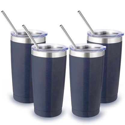 Volhoply 20oz Stainless Steel Tumbler with Lid and Straw Bulk 4 Pack,Double Wall Insulated Travel Iced Coffee Mug Fits Cup Holder,Powder Coated Cups for Hot/Cold Drinks,Gifts for Women（Navy,4 Set） - color: Navy
