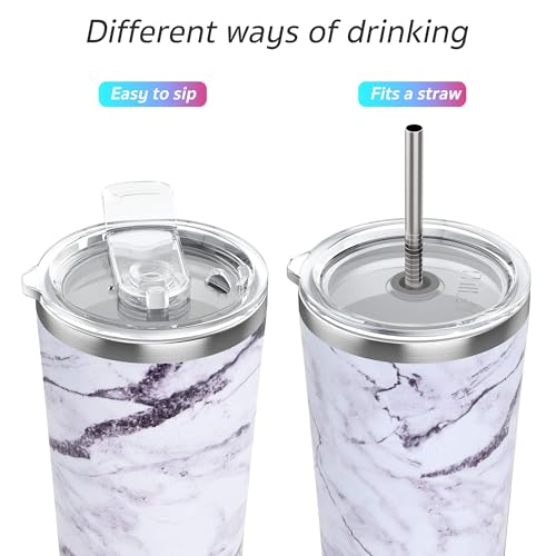 THILY Stainless Steel Vacuum Insulated Tumbler Travel Mug 20 oz Coffee Cup with 2 Lids and Straws, Splash Proof, Keep Ice Drinks Cold, White Marble - color: White Marble, size: 20 Ounce (Pack of 1)