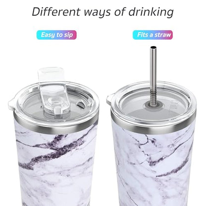 THILY Stainless Steel Vacuum Insulated Tumbler Travel Mug 20 oz Coffee Cup with 2 Lids and Straws, Splash Proof, Keep Ice Drinks Cold, White Marble - color: White Marble, size: 20 Ounce (Pack of 1)
