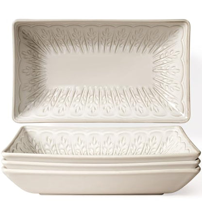 Salad Plates Set of 4, 9.85" Embossed Ceramic Rectangular Appetizer Plates, Deep Lipped Edges, Microwave & Dishwasher Safe, Dessert Sushi Pasta Serving Plates (White, Wheat Leaf) - color: White (Wheat Leaf), size: 9.85 inch