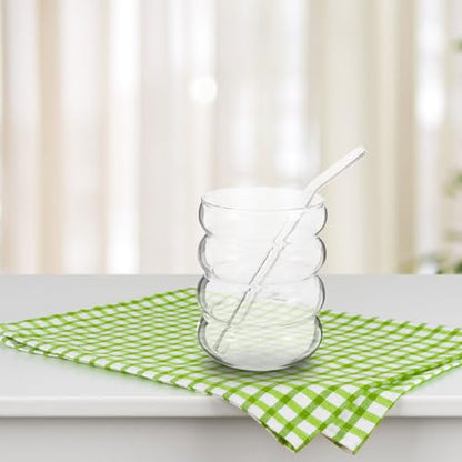 Ribbed Glass Cups and Straws Set 300ml Wavy Drinking Glasses for Adults with Straw Brushes Glassware for Iced Coffee Juice Milk Matcha 9pcs Kitchen Essentials