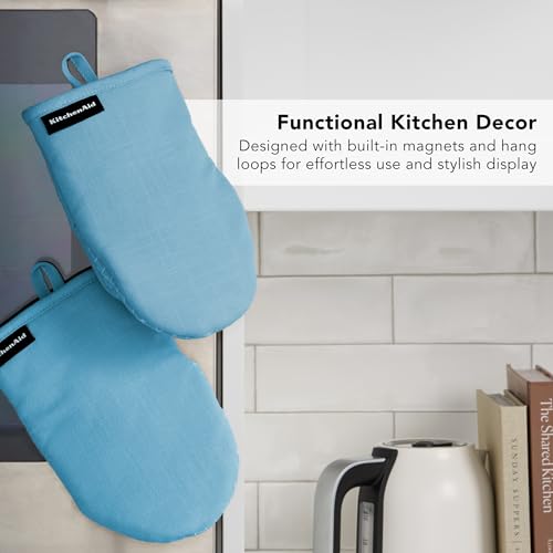 KITCHENAID Gourmet Series Gridlines Mini Oven Mitts 2-Pack Set, Heat Resistant up to 600°F, Soft Silicone Grip, Magnetic Cuff, Blue Velvet, 5.5"x9" - color: Blue Velvet